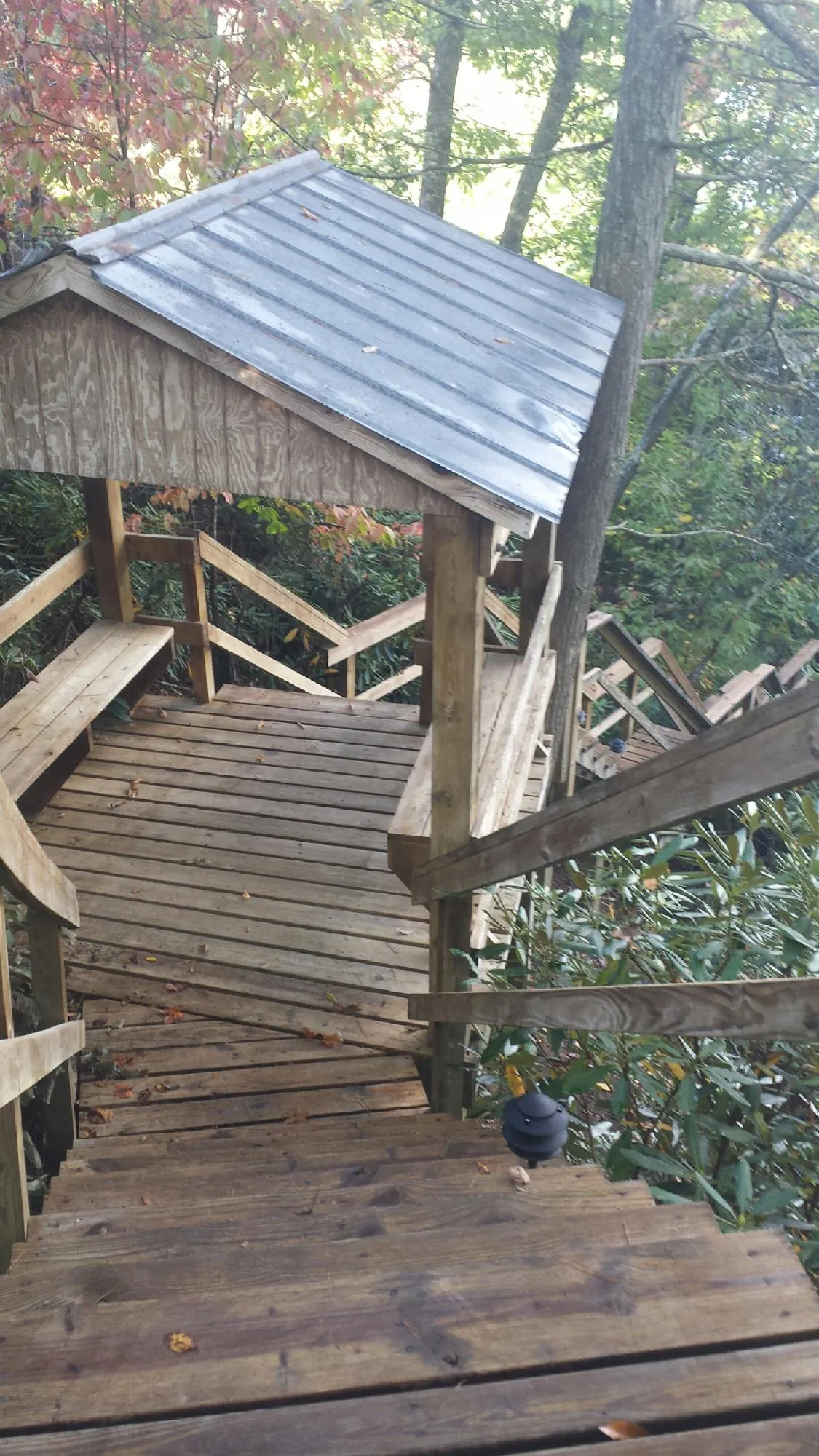 Metal roofed shelter over wooden steps on a wooded walkway — Skylight Repair & Installation work by our crew in Tracy City